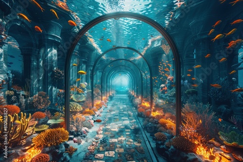 A tunnel with a blue background and fish swimming in it photo