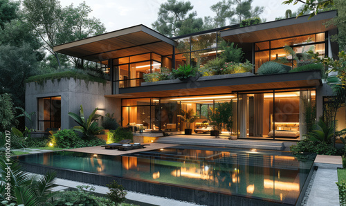 Modern house with large windows, greenery and swimming pool, surrounded in the style of lush vegetation. Created with Ai