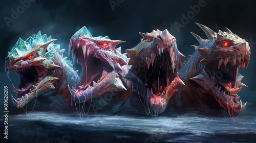 Four-headed ice and fire breathing fantastic beasts with glowing red eyes © VRAYVENUS