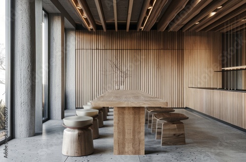A dining table with six round barstools  arranged around the long wooden tabletop in front of an empty wal