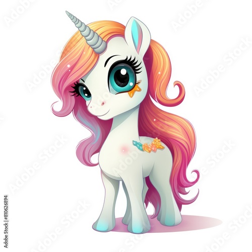 Unicorn With Color Mane Standing by White Background