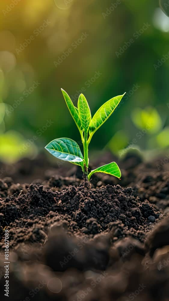 A small green plant is growing in the dirt. The plant is surrounded by dirt and has a few leaves. Vertical video A small green plant is growing in the dirt. The plant is surrounded by dirt and has a few leaves. Vertical video