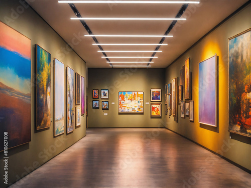 A billboard wall of art posters and framed portraits by various painters on a white wall in a museum on a wall that goes for infinity  horizon at the top of the image  digital art  8k hdr