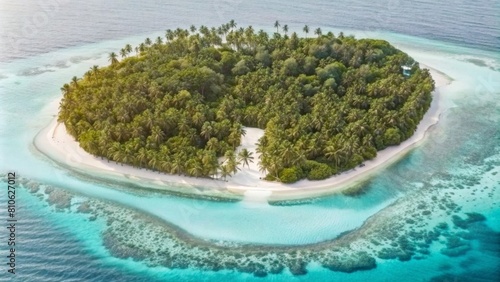 An aerial view of an island in the Maldives, with white sandy beaches and turquoise waters. 