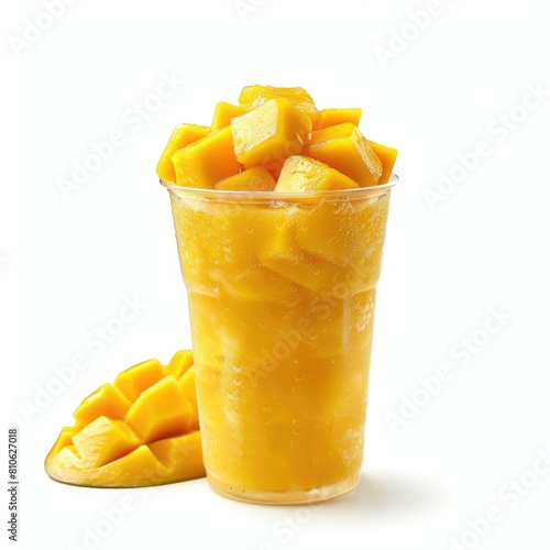 photography, transparent glass cup with fullover real mango slush  