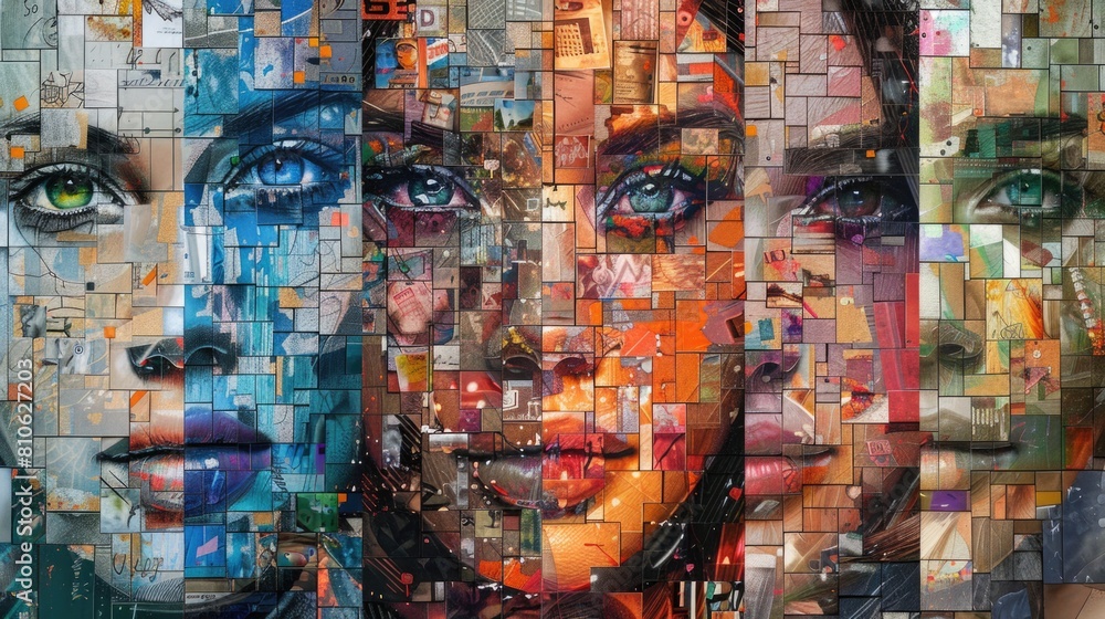 Close-up of a woman face with intricate designs mosaic collage Close-up of a woman face with intricate designs mosaic collage