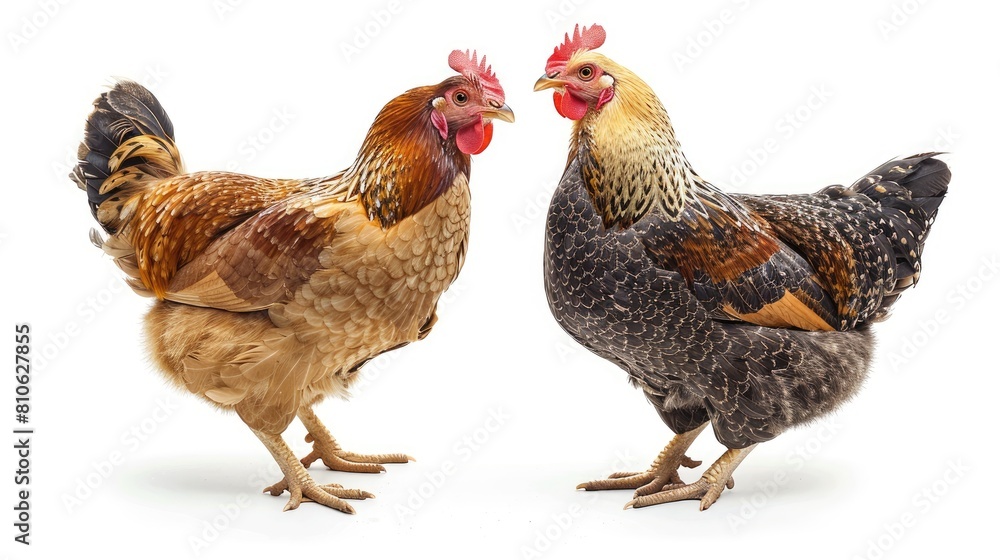 Portrait of a funny chickens, closeup, isolated on white background 