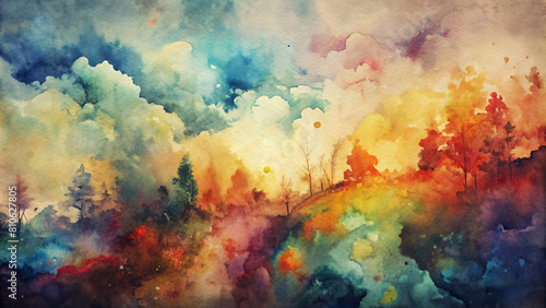 Abstract watercolor background with fiery reds, oranges, and yellows contrasted by cool blues