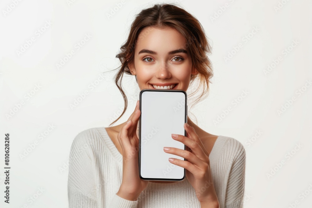 Woman Showcasing Smartphone Mockup created with Generative AI Woman Showcasing Smartphone Mockup created with Generative AI