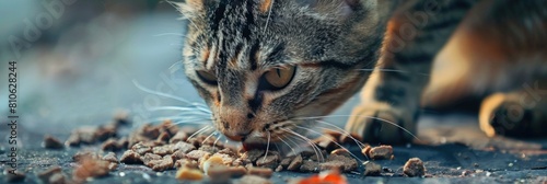 A homeless cat on the street eats dry food from the ground photo