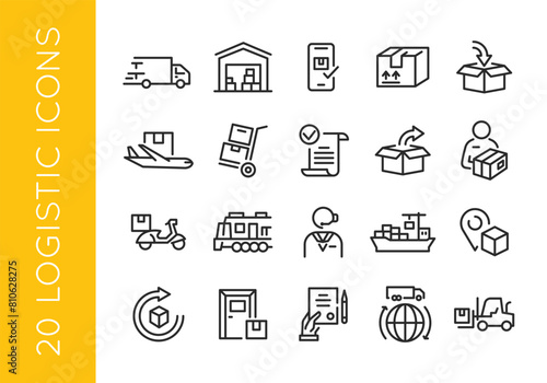 Logistics icons. Set of 20 logistics trendy minimal icons. Truck, Warehouse, Delivery, Package, Crane, Forklift, Train, Boat, Inventory icon. Design signs for web page, mobile app. Vector illustration