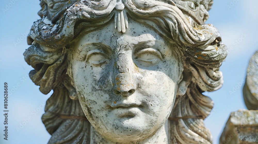 A sculpture of a woman with curly hair and a flower wreath decorates the top of her head