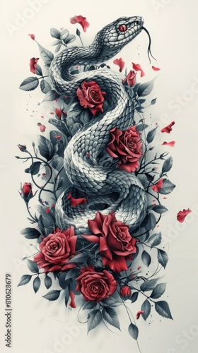 Snake and roses drawing on white background