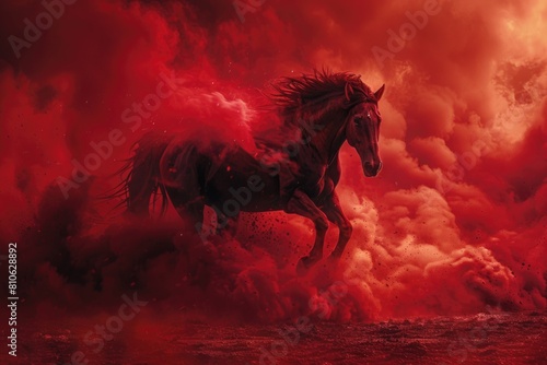 Horse galloping through red smoke