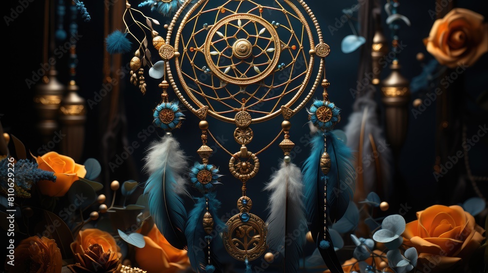 Fototapeta premium A magical dream catcher with flowers, clear beads and feathers for peaceful dreams. Theme of magic and witchcraft.