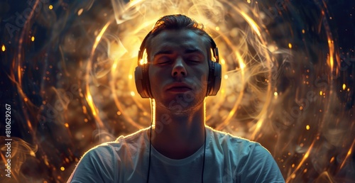 Man wearing headphones in front of circle of fire
