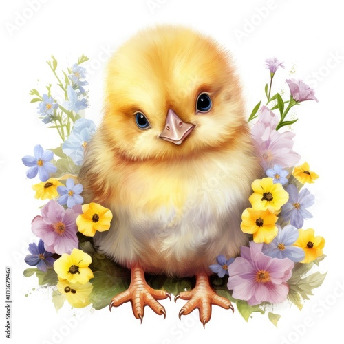 Small Yellow Chicken Sitting on Field of Flowers © Boomanoid