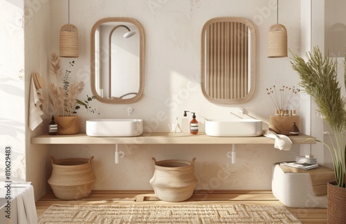 A double sink with two mirrors hanging on the wall  a simple bathroom interior design in light beige and white tones