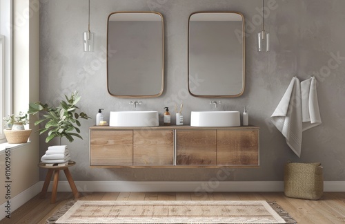 A double sink with two square mirrors hanging on the wall, front view, symmetrical composition, light gray walls, wooden floor, bathroom carpet in neutral tones