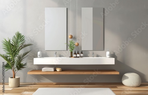 A double sink with two square mirrors hanging on the wall, front view, symmetrical composition, light gray walls, wooden floor, bathroom carpet in neutral tones