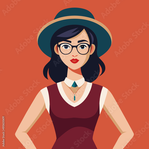 Beautiful Girl with hat and sunglasses colorful watercolor illustration