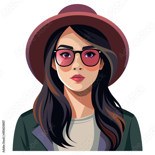 Beautiful Girl with hat and sunglasses colorful watercolor illustration