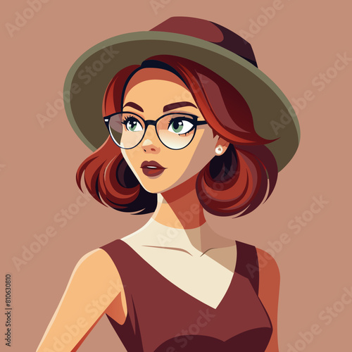 Beautiful Girl with hat and sunglasses colorful watercolor illustration