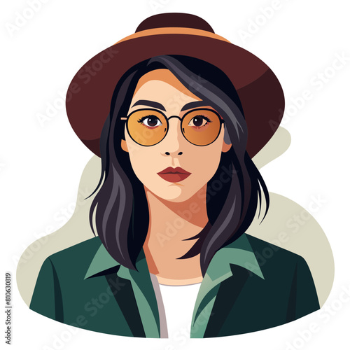 Beautiful Girl with hat and sunglasses colorful watercolor illustration