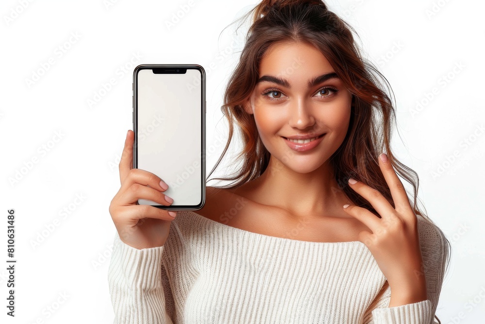 Woman Showcasing Smartphone Mockup created with Generative AI Woman Showcasing Smartphone Mockup created with Generative AI