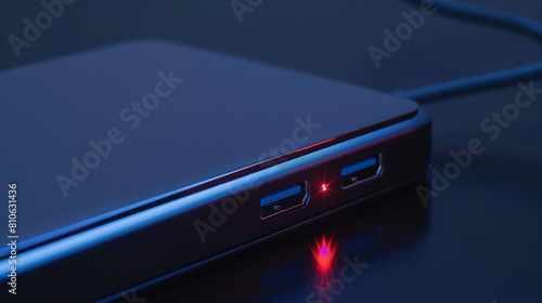 portable hard drive enclosure with USB-C connection, showcasing its sleek metallic design and LED indicator lights, offering convenient external storage and data backup solutions for computer users. photo