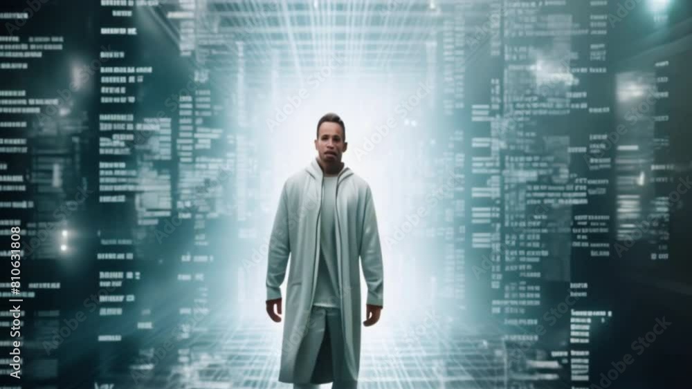 A binary code sequence morphing into a human figure, representing the blurring boundaries between the digital and physical realms. A binary code sequence morphing into a human figure, representing the blurring boundaries between the digital and physical realms.
