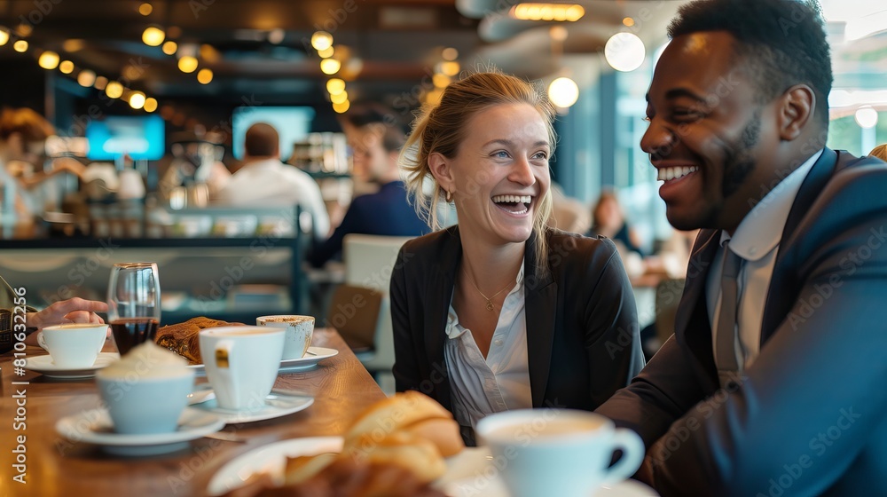Smiling team of diverse professionals enjoying a collaborative coffee break in a modern office environment Smiling team of diverse professionals enjoying a collaborative coffee break in a modern office environment