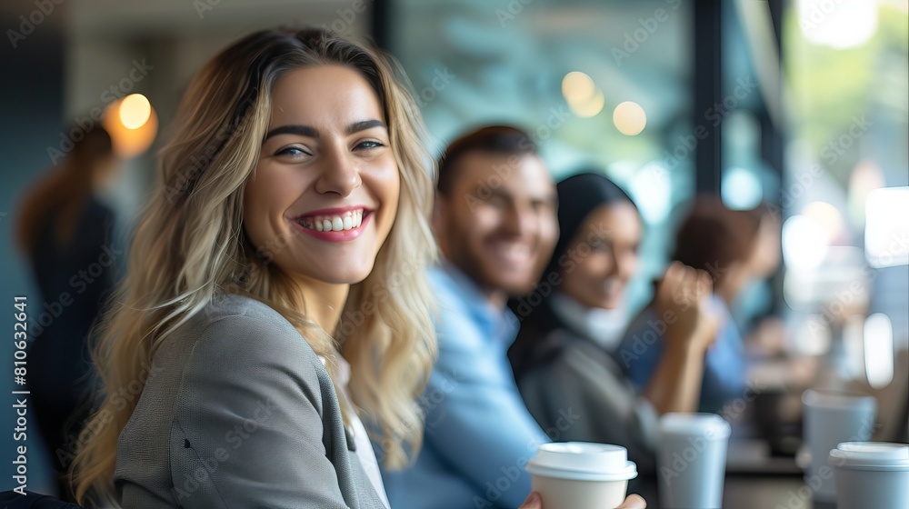 Smiling team of diverse professionals enjoying a collaborative coffee break in a modern office environment Smiling team of diverse professionals enjoying a collaborative coffee break in a modern office environment