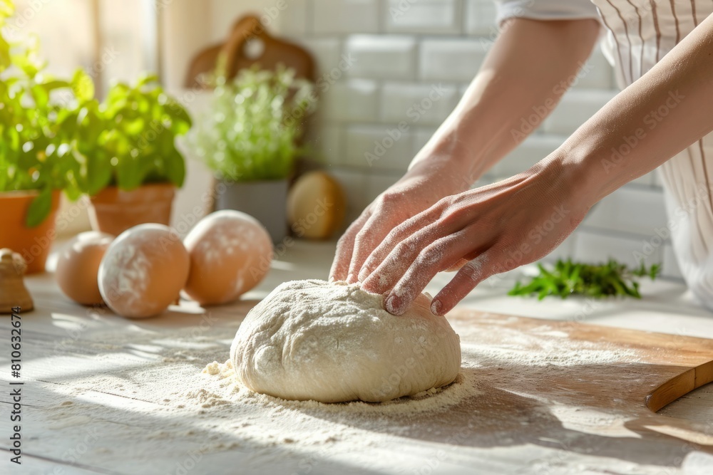 Fototapeta premium Baker's hands knead dough on the table in a bright kitchen 
