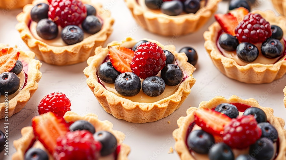 Tartlets topped with fresh berries, ideal for dessert menus and culinary publications. Tartlets topped with fresh berries, ideal for dessert menus and culinary publications.