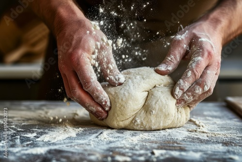 Baker's hands knead dough on the table in a bright kitchen
 photo