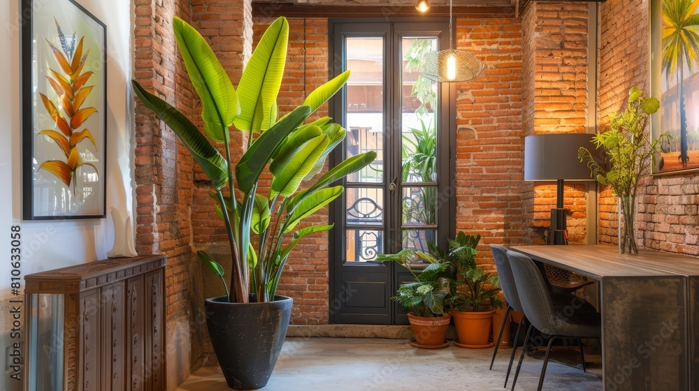 Cozy corner with exposed brick and lush greenery, perfect for home office or small space decor ideas.