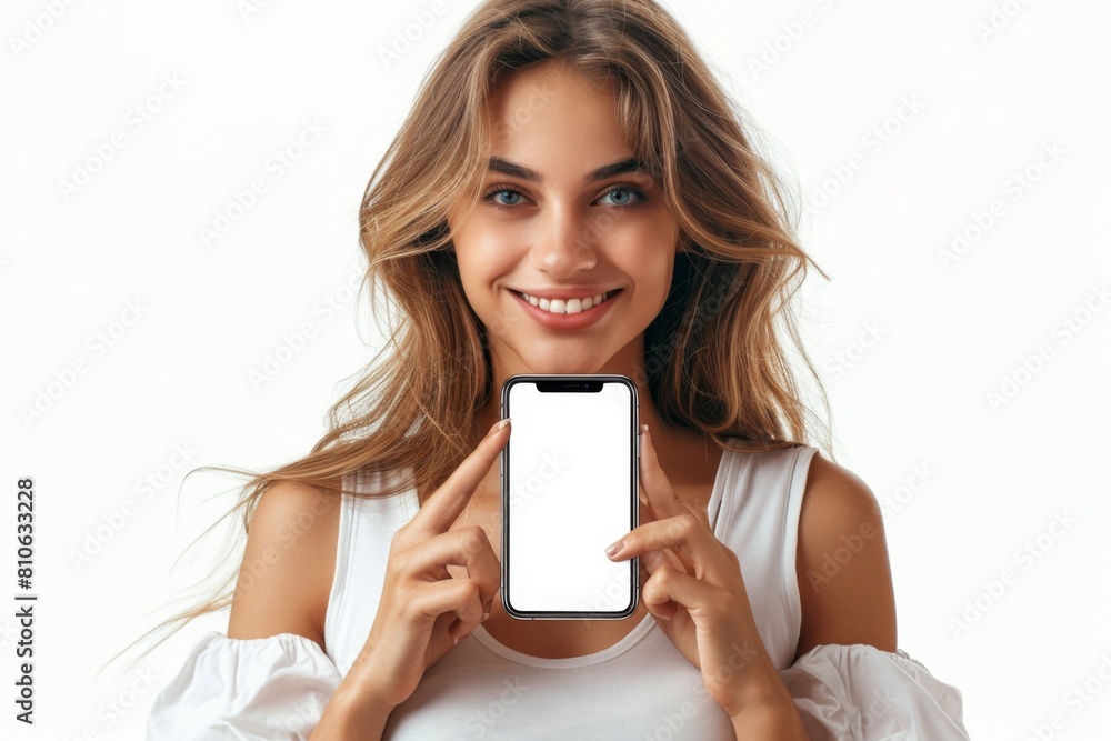 Woman Showcasing Smartphone Mockup created with Generative AI Woman Showcasing Smartphone Mockup created with Generative AI