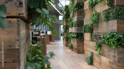 Eco-friendly office space with vertical gardens and wood accents  great for sustainable business environments.