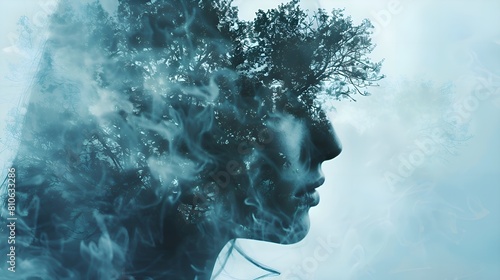 A woman's profile is superimposed over a double-exposed image of a forest