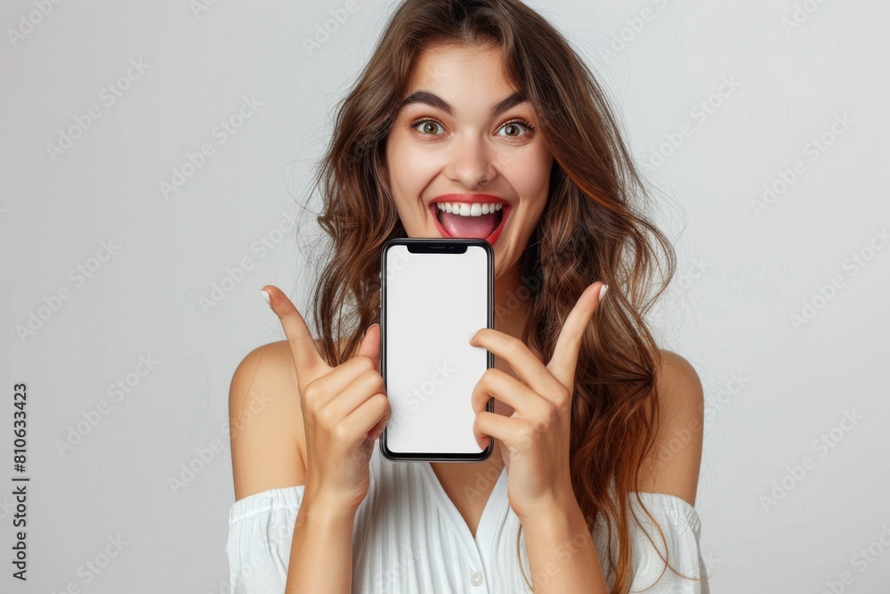 Woman Showcasing Smartphone Mockup created with Generative AI Woman Showcasing Smartphone Mockup created with Generative AI