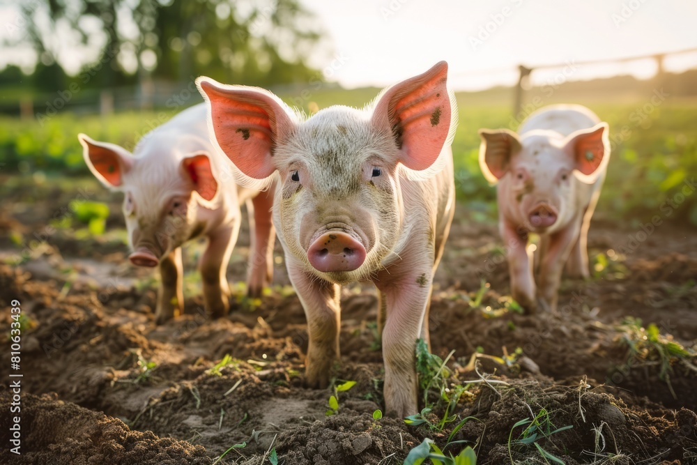 Funny close-up portrait of three pigs on a wide-angle camera Funny close-up portrait of three pigs on a wide-angle camera