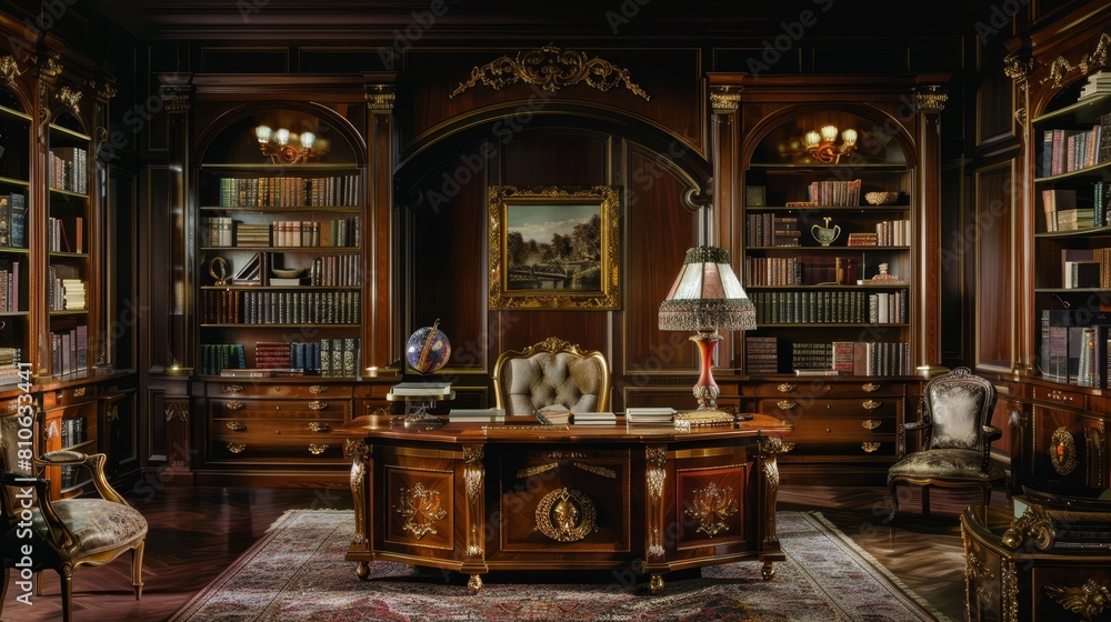 Opulent study with ornate woodwork and elegant decor, suitable for luxury and corporate settings.