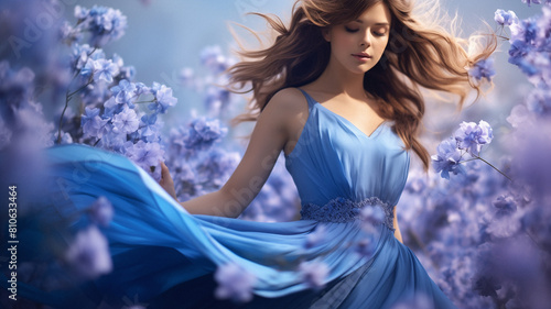 Dreamlike scene with a beautiful woman amongst a sea of flowers