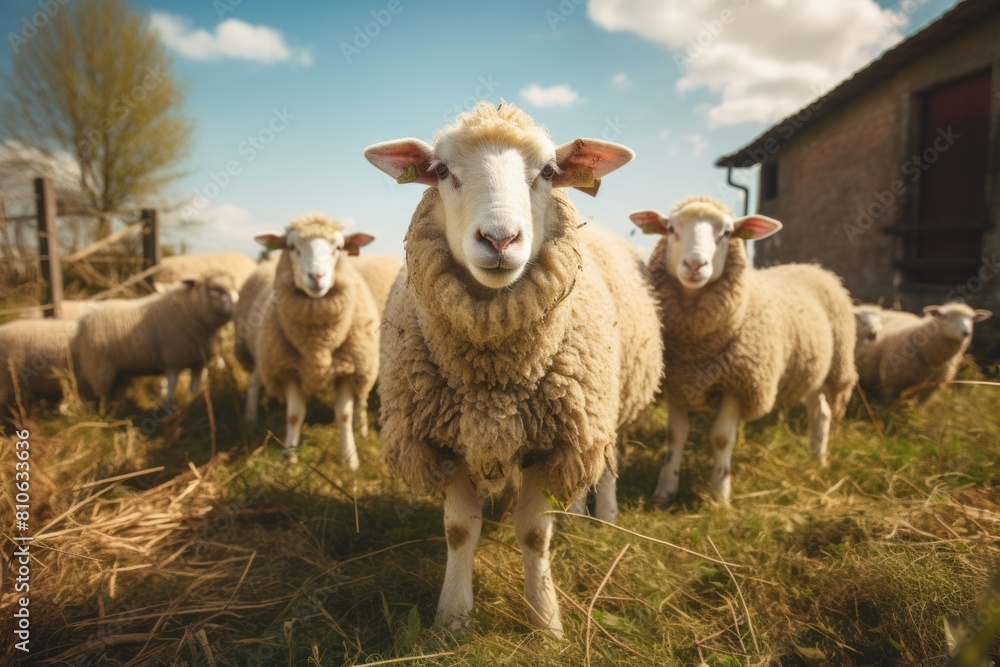 Funny close up portrait of a lamb on a wide angle camera with a flock of sheep. Funny close up portrait of a lamb on a wide angle camera with a flock of sheep.