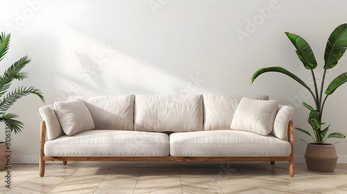 Cozy and Inviting Modern Living Room with Plush Mid-Century Sofa and Lush Houseplant Decor