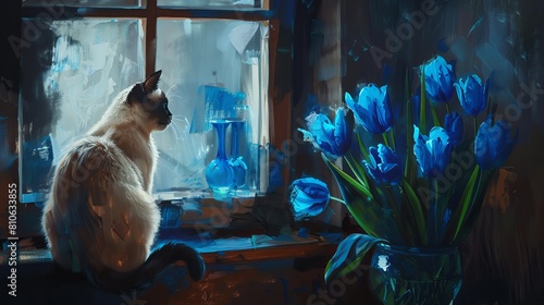 Artistic oil painting depicting a Siamese cat and blue tulips in a vase, inspired by Rembrandt's style. The scene is illuminated by soft light photo