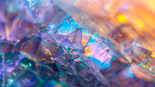 The image features a close-up of a crystal, likely a geode, with a rainbow of colors from the light shining through photo