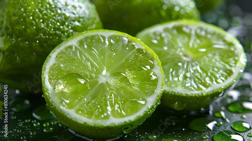A close-up of sliced limes with water droplets on them, set on a green leafy surface photo