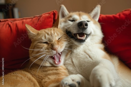Cheerful comical dog with a cat take a selfie on camera 